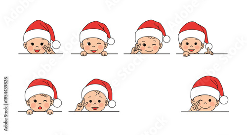 Seven adorable cartoon babies wearing red Santa hats peeking over a white border with various cute expressions.