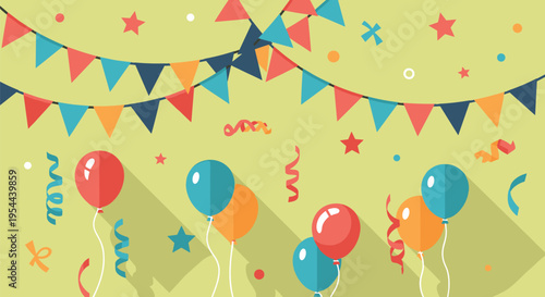 Vibrant party celebration background with colorful balloons bunting flags and curly streamers on a green backdrop.