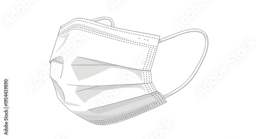Detailed black and white line art illustration of a surgical medical face mask isolated on a white background.