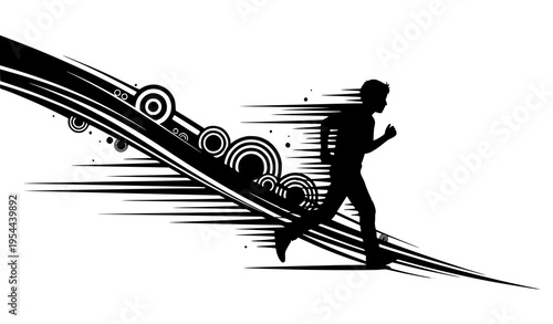 Running boy silhouette with abstract sunset shapes dynamic black vector illustration isolated on white background