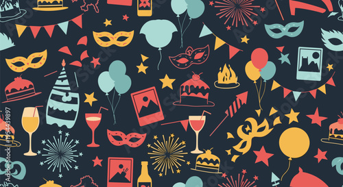 Seamless dark blue pattern with colorful carnival party icons including masquerade masks cakes balloons and fireworks.