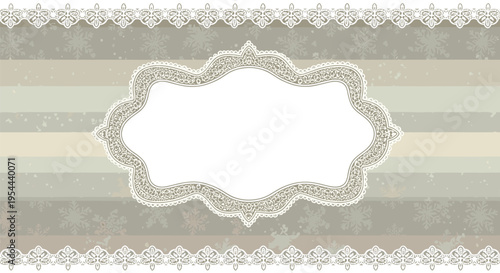 Vintage style frame with white lace borders on a gray striped background featuring subtle snowflake patterns for holidays.