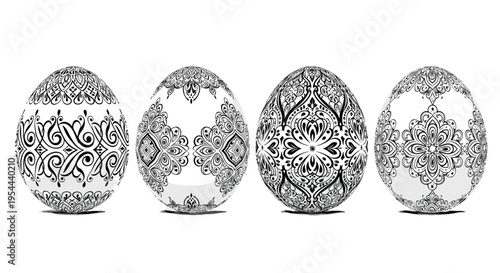 Collection of four white Easter eggs decorated with intricate black ornamental patterns and lace-like designs on a plain white background.