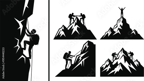 Mountain climbing silhouettes set, teamwork and success concept, hikers reaching peak, adventure challenge, leadership and achievement, outdoor sport vector illustration collection design
