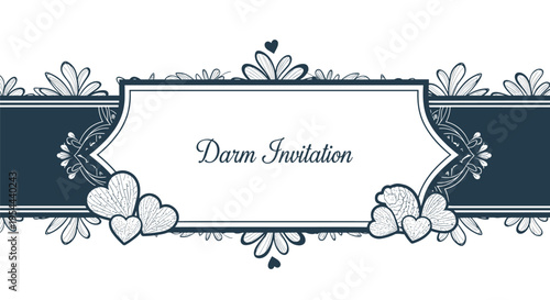 Dark blue and white elegant invitation frame decorated with hand-drawn heart shapes and floral ornaments for weddings and special events.