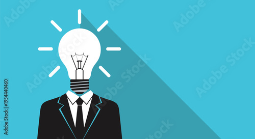 Conceptual illustration of a businessman in a suit with a glowing lightbulb for a head representing bright ideas and innovation.