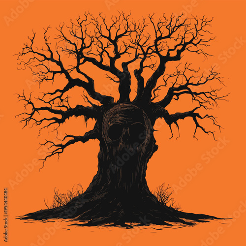 Haunted monster tree isolated on orange BG , vector style simple color