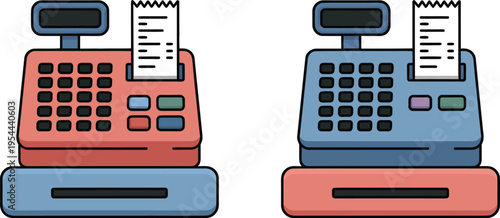 Colorful illustration of two cash registers with receipts