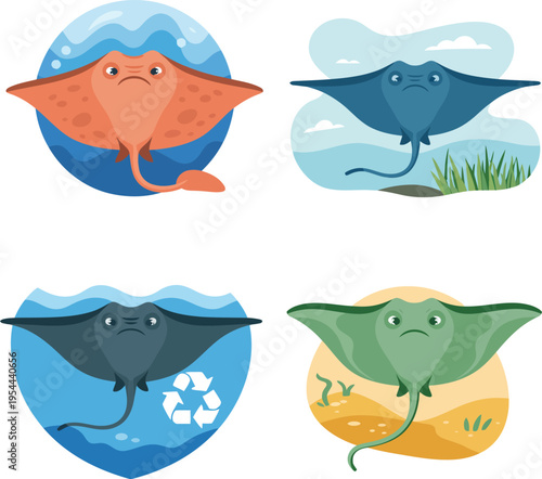 colorful stingrays in different environments with eco friendly theme