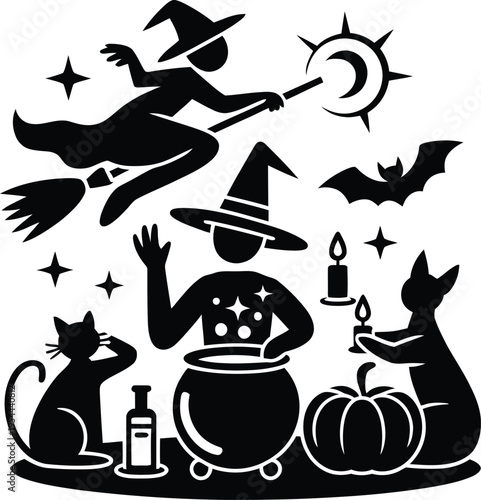 halloween illustration with witches and black cats