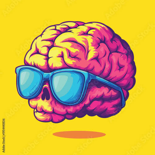 Colorful brain with sunglasses vector character , vector style simple color