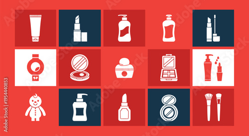 Grid of various cosmetic icons including lipstick, lotion, perfume, and makeup brushes on a red and dark blue background.