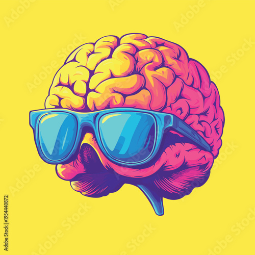 Colorful brain with sunglasses vector character , vector style simple color