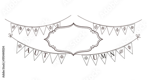 Line art illustration of autumn bunting flags decorated with leaves and a central blank frame for seasonal messages.