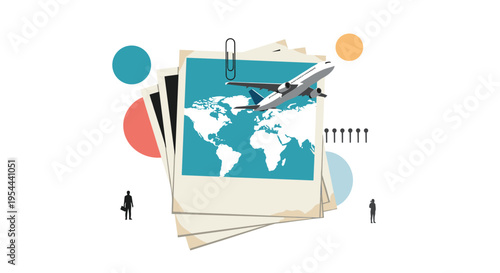 Creative travel concept featuring a world map photograph, an airplane, and professional silhouettes on a white backdrop.