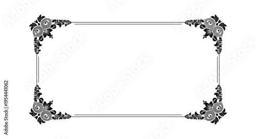 Elegant black floral border frame with intricate corner ornaments and delicate lines isolated on a solid white background.