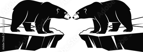 Symmetrical bear silhouettes facing each other on cliff edge, aggressive wildlife stance vector illustration, mirrored black bears design for nature logo branding
