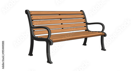 Classic wooden park bench with black metal frame and armrests shown in a perspective view against a clean white background for garden concepts.