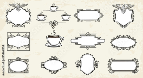Assorted vintage style design elements including decorative frames and coffee cup illustrations on an aged parchment background for menus.