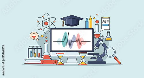 Comprehensive science and education illustration featuring laboratory equipment and a computer monitor showing a heart rate monitor signal.