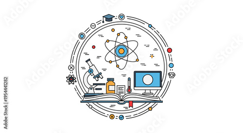 Science and chemistry icons arranged in a circle including an atom and microscope above an open book on a clean white background for study.