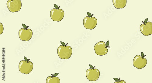 Seamless pattern of green apples with a single dark green leaf on each fruit over a pale yellow background for kitchen or health design.