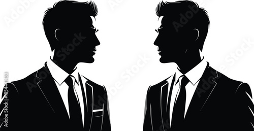 Two businessmen arguing face to face, conflict communication concept, disagreement and debate, corporate stress situation, business people silhouette vector illustration isolated design