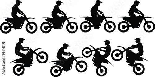 Black silhouettes of motocross riders performing wheelies and standard dirt bike stunts, dynamic off‑road biking illustration showcasing motion, skill, and extreme sports design