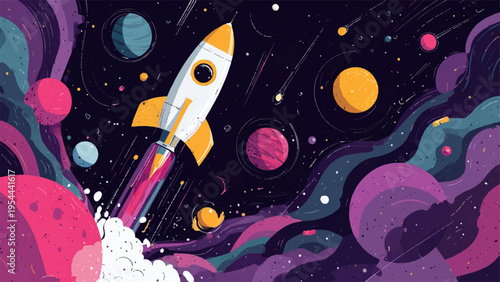 Vector illustration of colorful rocket launching into space