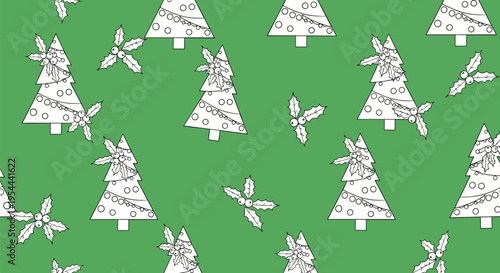 Seamless festive pattern of hand drawn Christmas trees with ornaments and holly leaves on a bright green background for holiday wrap.