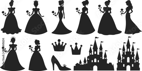 Black silhouettes of princess figures with crowns, castles, and high‑heeled shoe, fantasy royalty illustration symbolizing fairy tales, elegance, children’s stories, and magical design elements