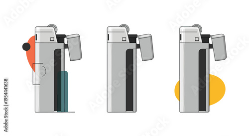 Three silver pocket lighters arranged in a row with abstract colorful shapes behind them on a white background for smoking accessories.