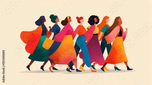 Vector illustration of 7 diverse women walking in colorful outfits