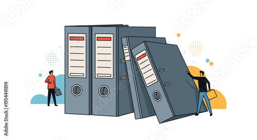 Illustration of two small businessmen working together to move and organize giant blue office binders for document storage and management.