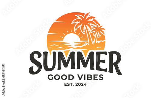Summer good vibes beach logo with palm trees and sunset