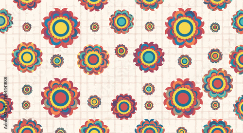 Vibrant seamless folk art pattern with multi layered floral motifs in red and blue and yellow on a textured cream colored background.