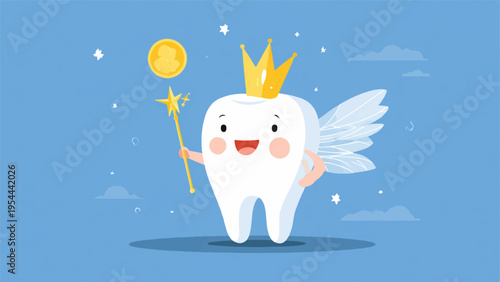 Vector illustration of smiling tooth with crown and wings