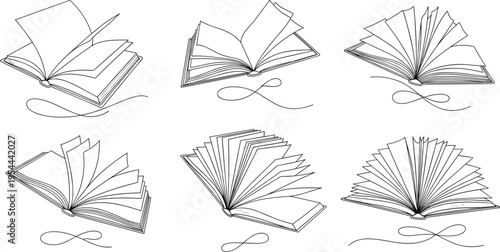 Open books with flying pages and fluttering leaves, line art sketches for education, literature and library design, hand drawn textbook icons, reading wisdom concept
