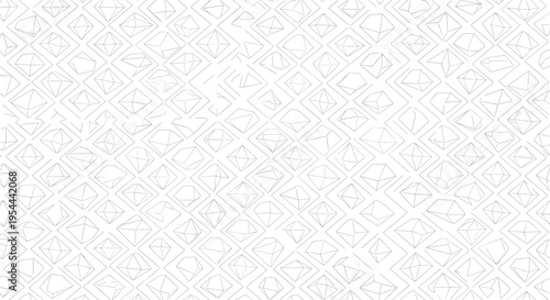 Detailed geometric pattern of white wireframe diamond shapes and polygons arranged in a repeating grid on a clean white background.