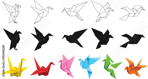 Origami paper birds, colorful cranes, black silhouettes, outline sketches, Japanese art, craft elements, flying paper animals, hobby, vector, creative design, isolated, geometry.