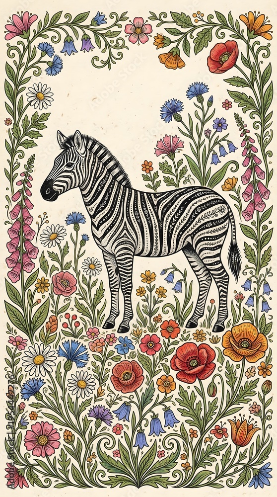 Obraz premium Decorative Folk Art Zebra Illustration with Colorful Wildflowers and Ornamental Botanical Patterns
