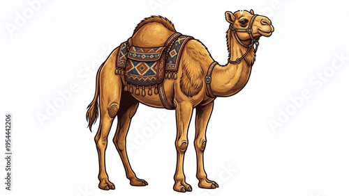 Camel with saddle walking isolated illustration.