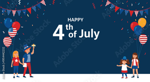 Happy 4th of July celebration banner with children holding flags and sparklers among red white and blue balloons and bunting.