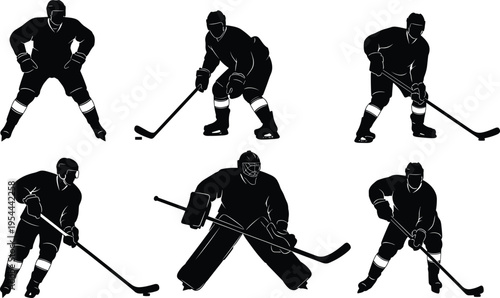 Ice hockey player silhouette set featuring skating, shooting and goalie poses with stick and puck for sports and competition design