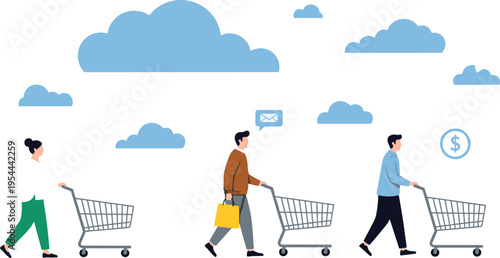 Online shopping concept illustration showing people pushing carts with digital communication, payments and e commerce lifestyle in modern flat design
