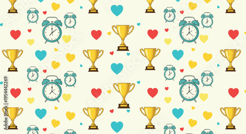 Seamless pattern featuring golden trophy cups blue alarm clocks and colorful hearts on light yellow background for success.