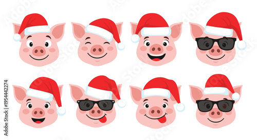 Collection of cute pink pig face emojis wearing red santa hats with different expressions and sunglasses for christmas.