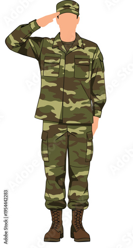 Soldier saluting illustration in camouflage uniform showing military respect gesture, army personnel and patriotism concept for defense and service design