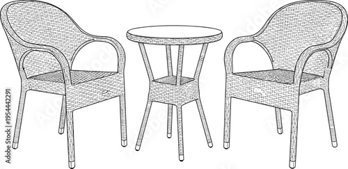 Outdoor wicker patio furniture including two chairs and round table, minimalist hand drawn line art vector for garden cafe, terrace, and balcony