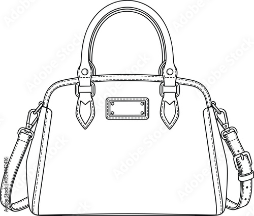 Outline vector illustration of elegant women leather handbag, fashion accessory with shoulder strap, classic handle purse, coloring page, isolated